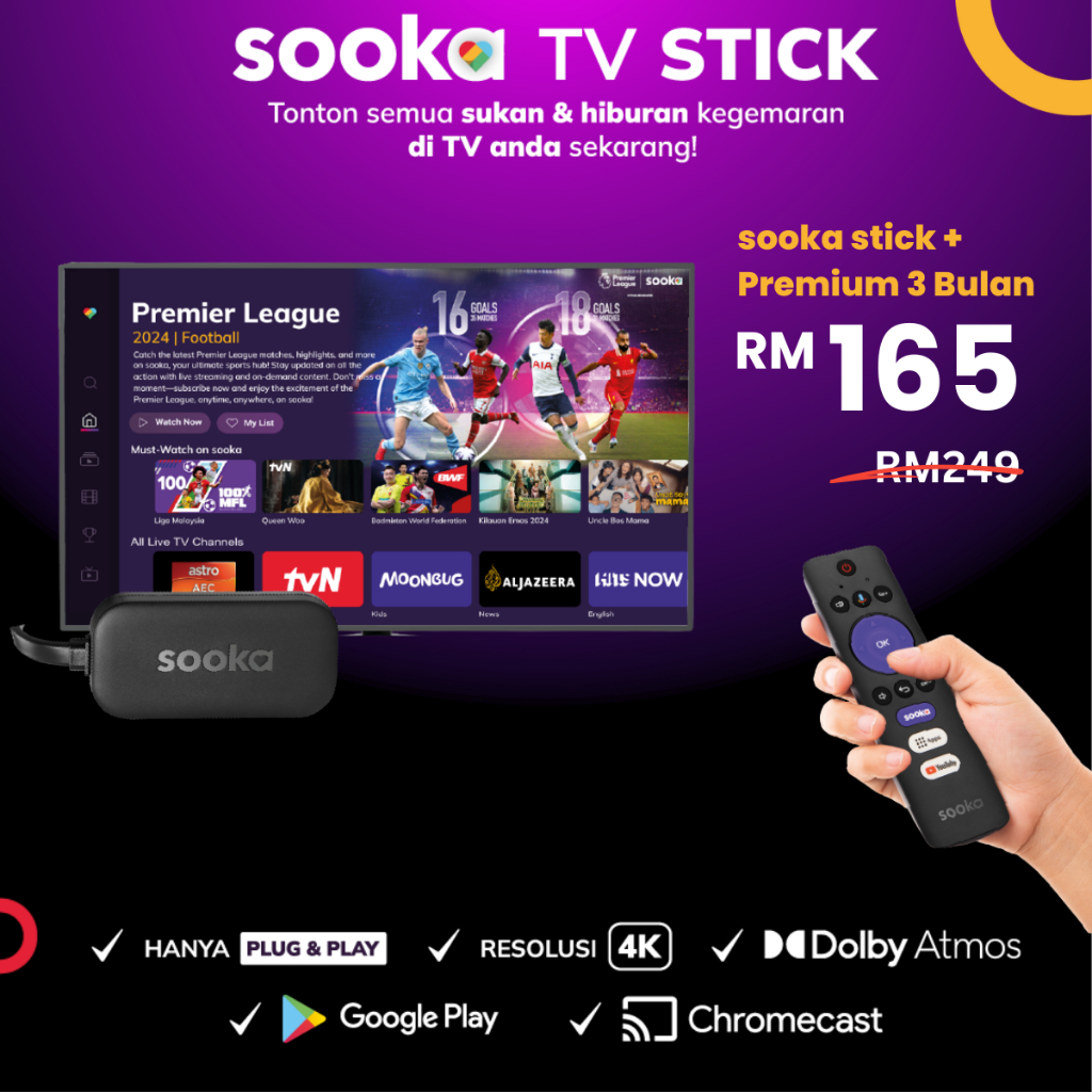 SOOKA 4K TV Stick - FREE with 3-Month Premium Plan (HDMI Streaming, Dolby Atmos, Google Play)