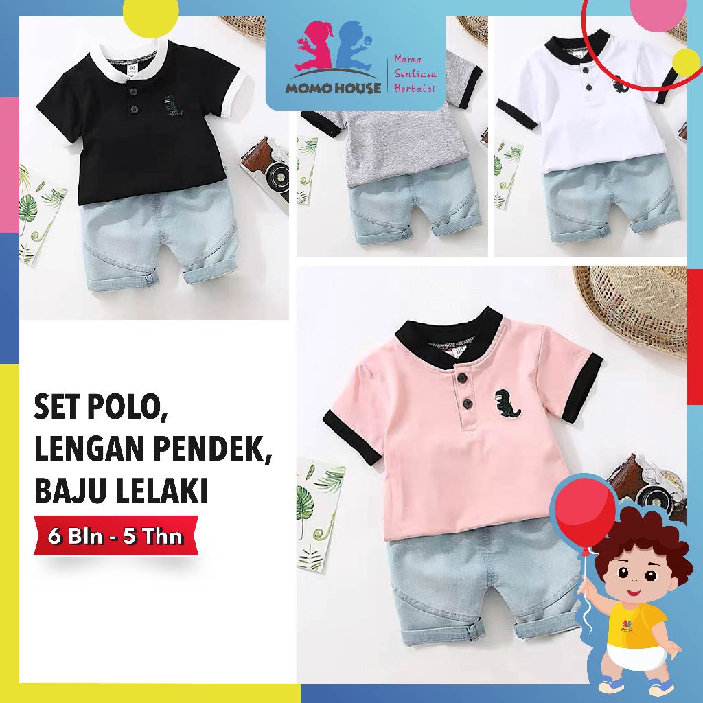 Short Sleeve Baby Boy Kids Polo Shirt Set Dino Design POLO T-shirt + Pant Baju Kanak-Kanak Lengan Pendek T-shirt