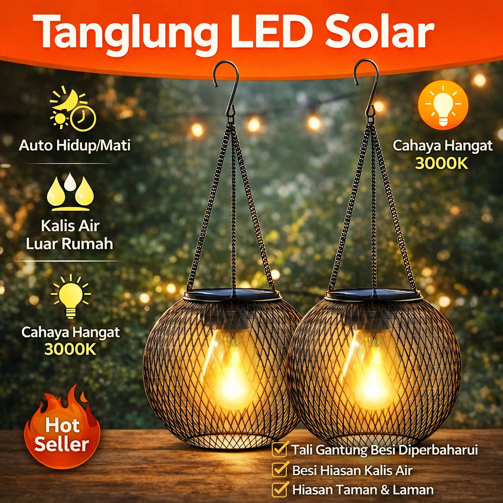 Solar lantern, outdoor waterproof design, upgraded metal hanging, suitable for courtyards, terraces and gardens