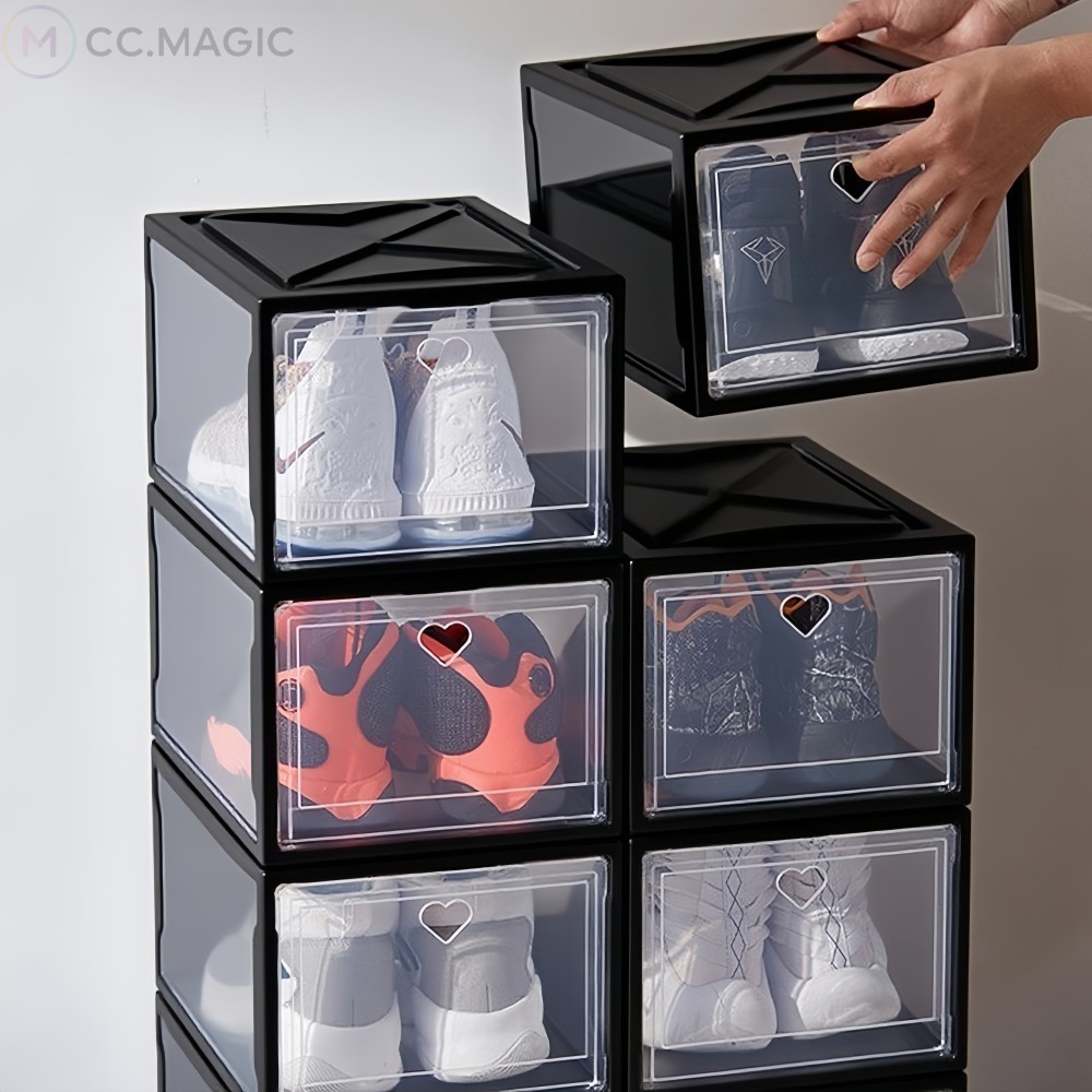 Large Hard Plastic Shoe Box Organizer | Foldable Stackable Shoe Storage Box with Cover