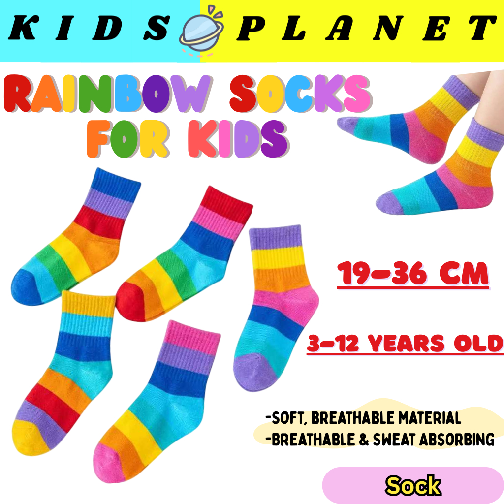 Sock | Rainbow kids cotton socks unisex children sport cute school gift colorful pelangi stokin lembut budak 儿童彩虹中筒袜
