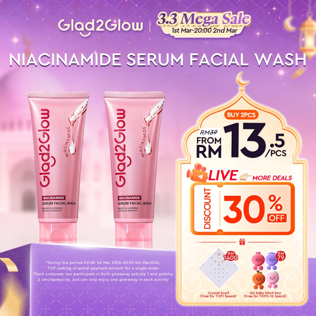 【New Launch】Glad2Glow Niacinamide Serum Facial Wash Cleanser Brightening Hydrating Glowing Face Wash Pencuci Muka