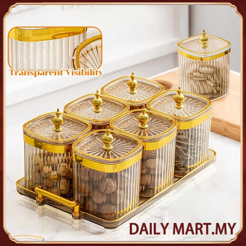 Balang Kuih Raya Food Jar 6PCS Sealed Can Comes with Tray Snack Storage Jar Nut Jar Candy Container with Cover