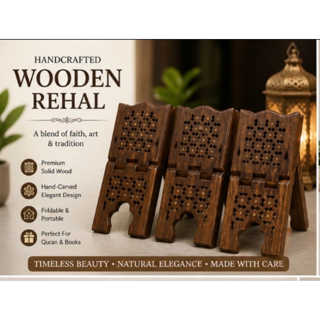Rehal Handcrafted Elegant Wooden Rehal Foldable Quran Stand & Islamic Book Holder Best Gift for Ramadan