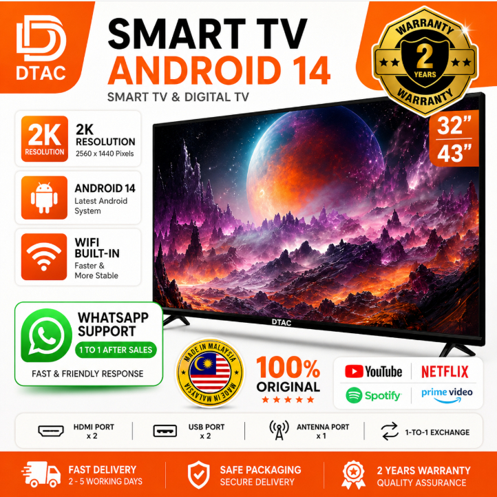 Televisyen Pintar Dtac 40 Inch TV Smart 40" Netfix Hdmi Usb Android Goggle Tv Led Smart TV Murah