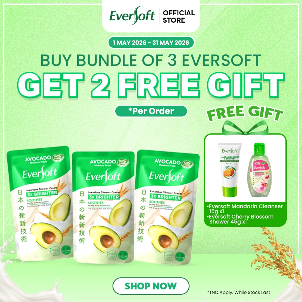 [Bundle of 3] Eversoft Shower Cream Pouch 550g | Avocado Cherry Blossom Rosehip Citrus Yuzu Organic Rice Milk