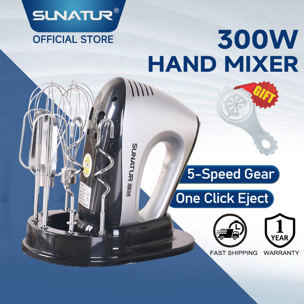 SUNATUR Hand Mixer 300W High Power Cake Beater Electric Cream Whip Portable 5-Speed Baking Mixer