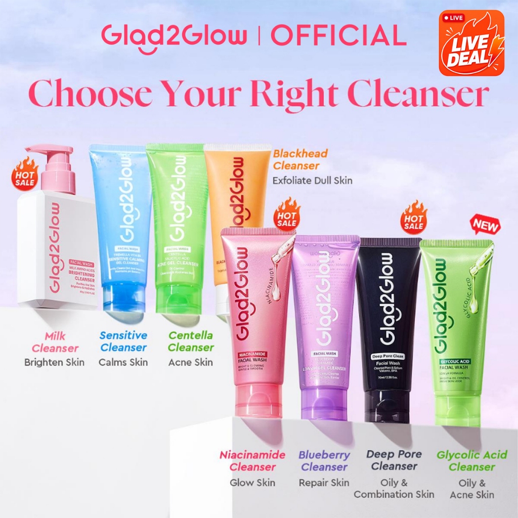 Glad2Glow Cleanser Milk/Low Ph Gel/Acne Acid/Exfoliating/Sensitive Gentle Face Wash pencuci muka Facial All Skin Type