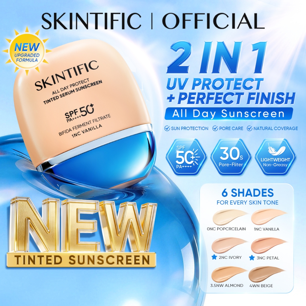 SKINTIFIC All Day Protect 2in1 Tinted Serum Sunscreen SPF50+PA++++ Soft Glow Perfect Coverage 8H Lasting
