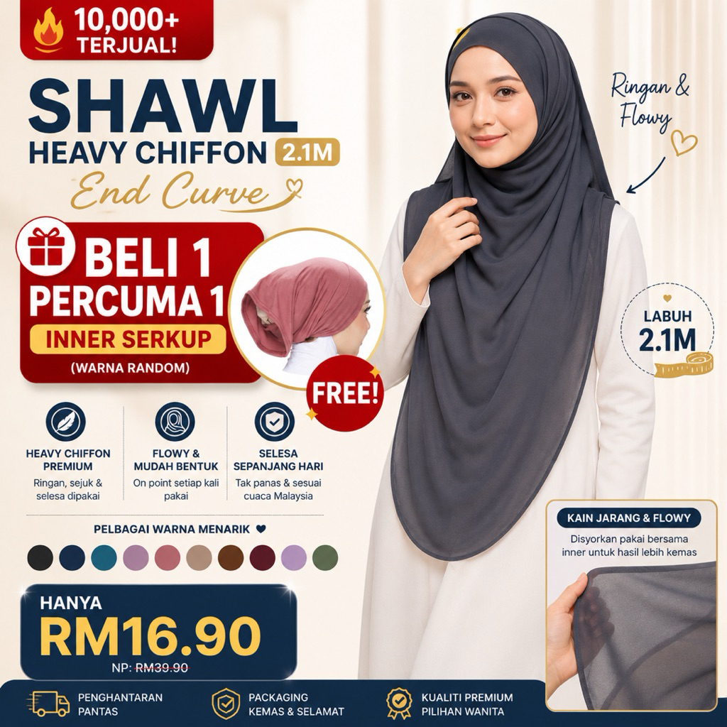 Heavy Chiffon Shawl 2.1M End Curve | Buy 1 Free 1 Inner* Selagi Stok masih ada | Ready Stock | Flowy | Senang Bentuk