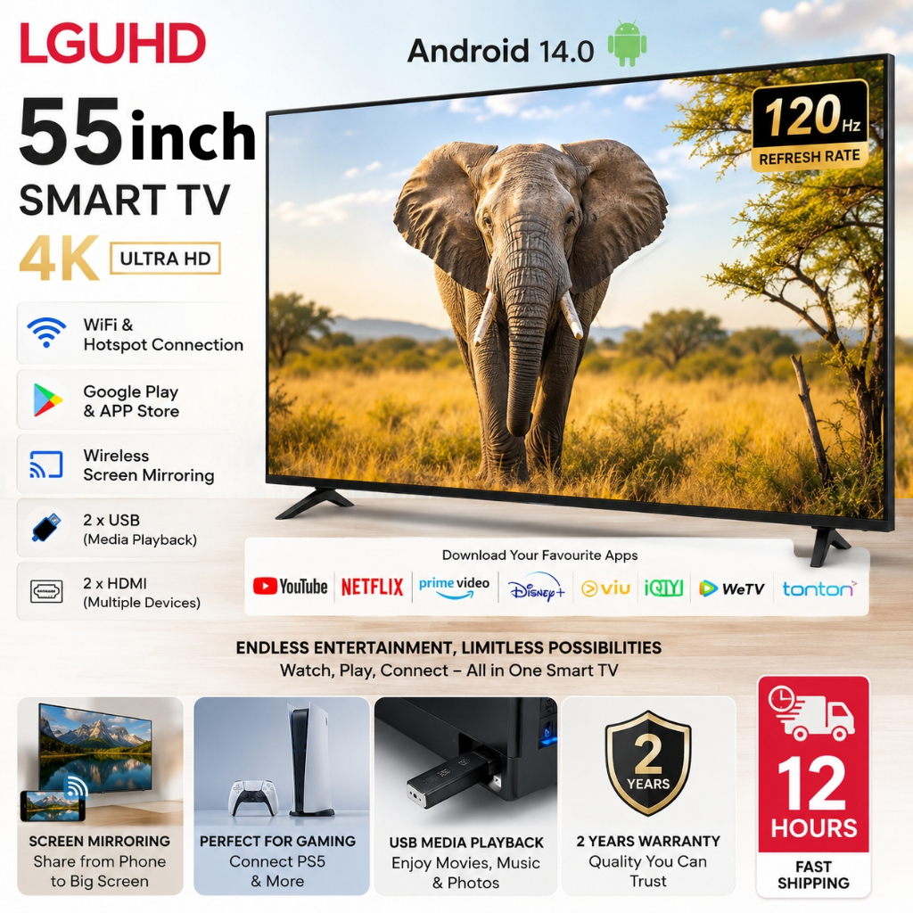LGUHD TV Pintar Televisyen Smart LED 55 Inch YouTube Netflix HDMI USB Android Goggle Tv Murah MYTV