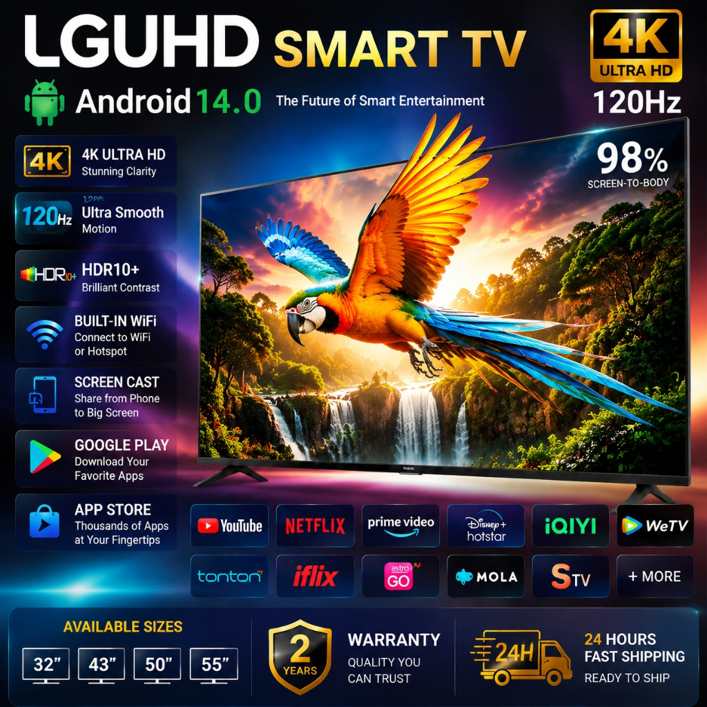 LGUHD Smart TV Borderless 55inch Television Android WIFI YouTube HDMI Netflix FHD Murah Android TV