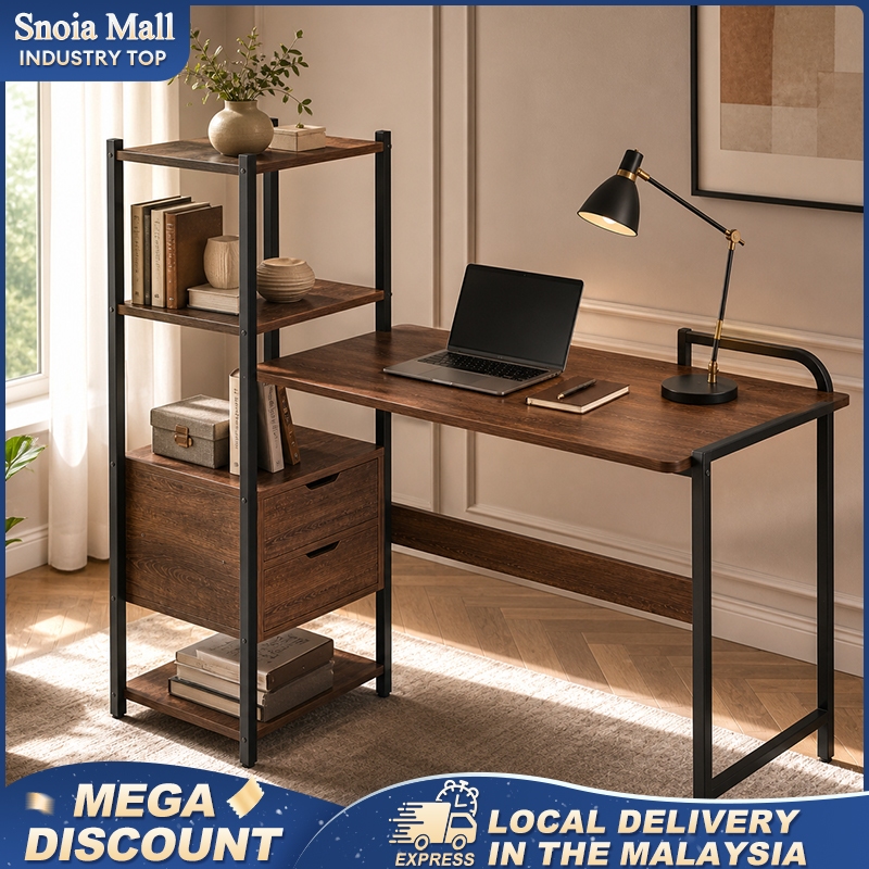 Study Table Meja Belajar Integrated Bookshelf 2 Drawer Storage Large Desktop Wood Grain Metal Frame Bedroom Home Office