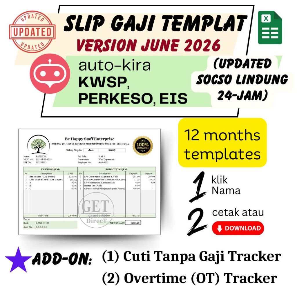 Slip Gaji Template + Overtime + Cuti Tanpa Gaji Tracker, Auto-fill KWSP, PERKESO, Payroll, Excel.