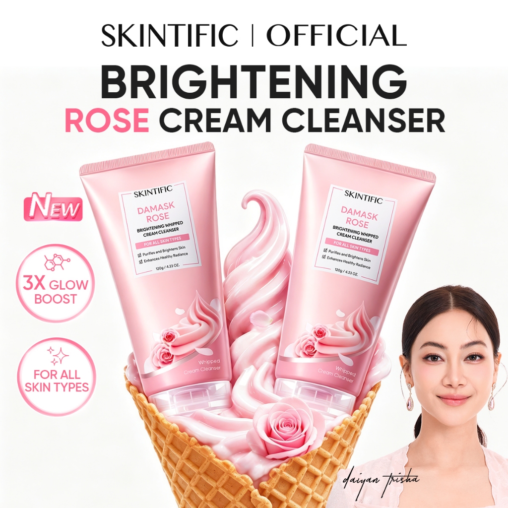 SKINTIFIC Damask Rose Whipped Cleanser – Triple Glow Brightening in One Wash | Gentle Niacinamide 120g Instant Glow