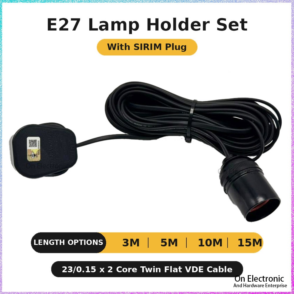 E27 Lamp Holder Set With SIRIM 3 Pin Plug 3M 5M 10M 15M Pure Copper Twin Flat VDE Cable