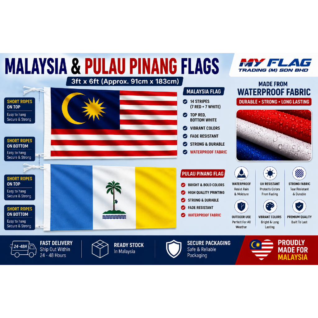 (Kain Waterproof) 3x6 Bendera Malaysia and Pulau Pinang Flag 2pcs Combo *READY STOCK*