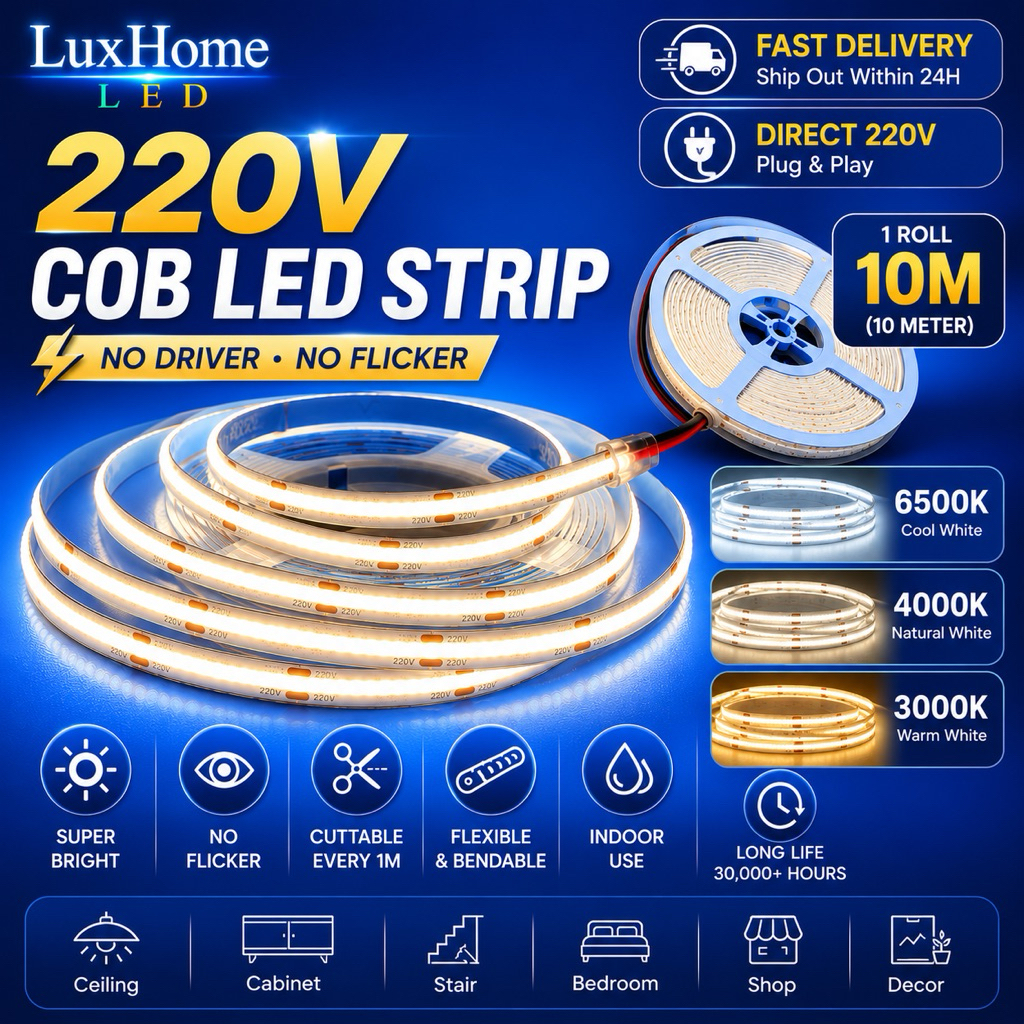 220V 8MM COB LED Strip Light Direct Plug No Power Supply No Driver 3000K 4000K 6500K Cuttable Flexible 10meter