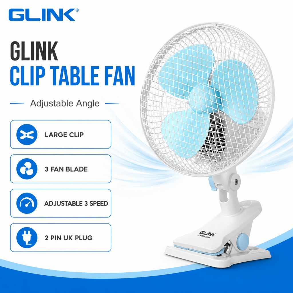 GLINK Clip Table Fan Adjustable Angle 3 Speed Desk Fan Large Clip 3 Fan Blade 2 Pin UK Plug for Office Bedroom Study