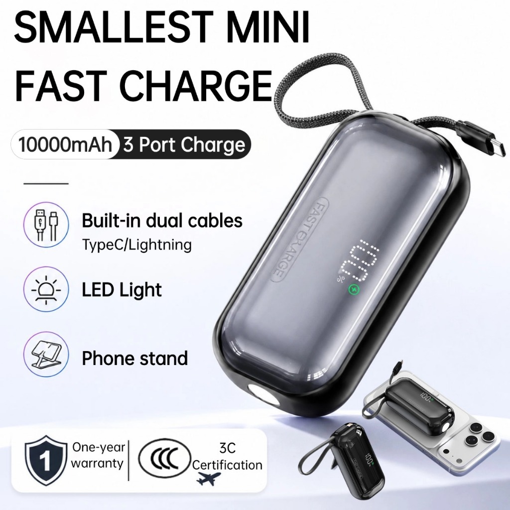 Mini 3C Capsule Powerbank Built-in Lightning TypeC 22.5W Fast Charging Portable Phone Stand LED