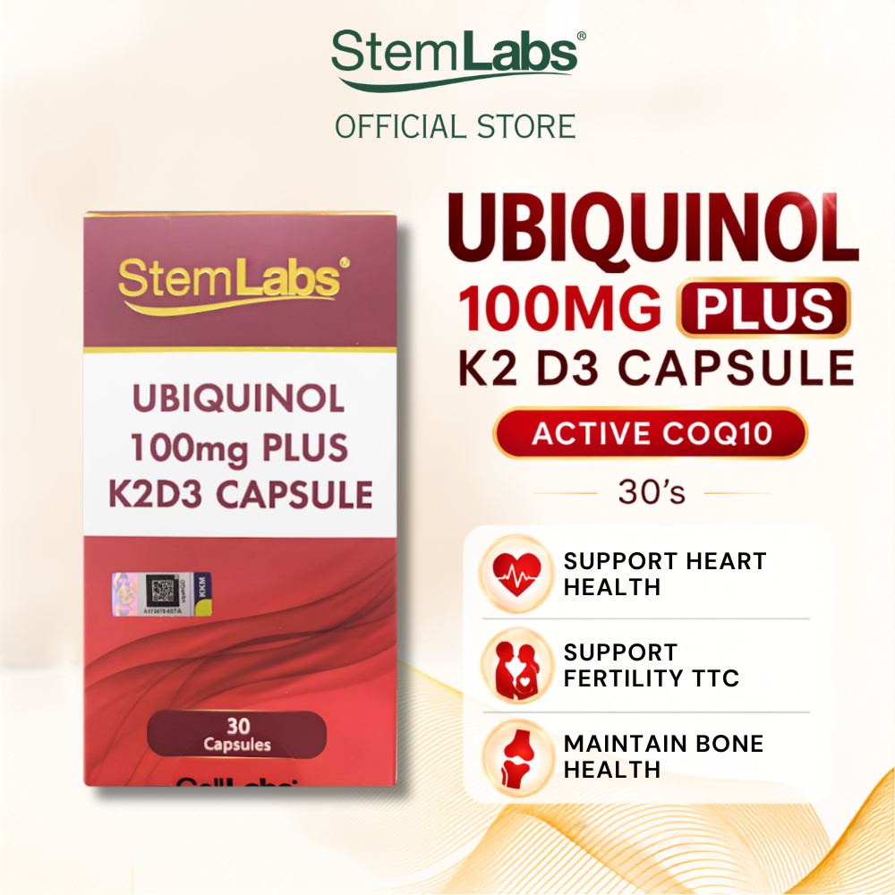StemLabs Ubiquinol CoQ10 100mg Plus Vitamin K2 D3 30 Capsules | Heart, Energy, TTC & Bone Support