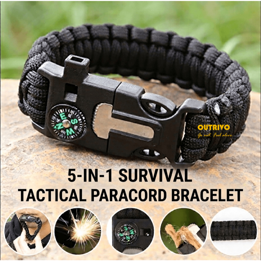 OUTRIVO 5in1 Outdoor Survival Paracord Bracelet Compass Whistle Fire Starter Rope Cutter Camping Gelang Emergency 求生手环绳