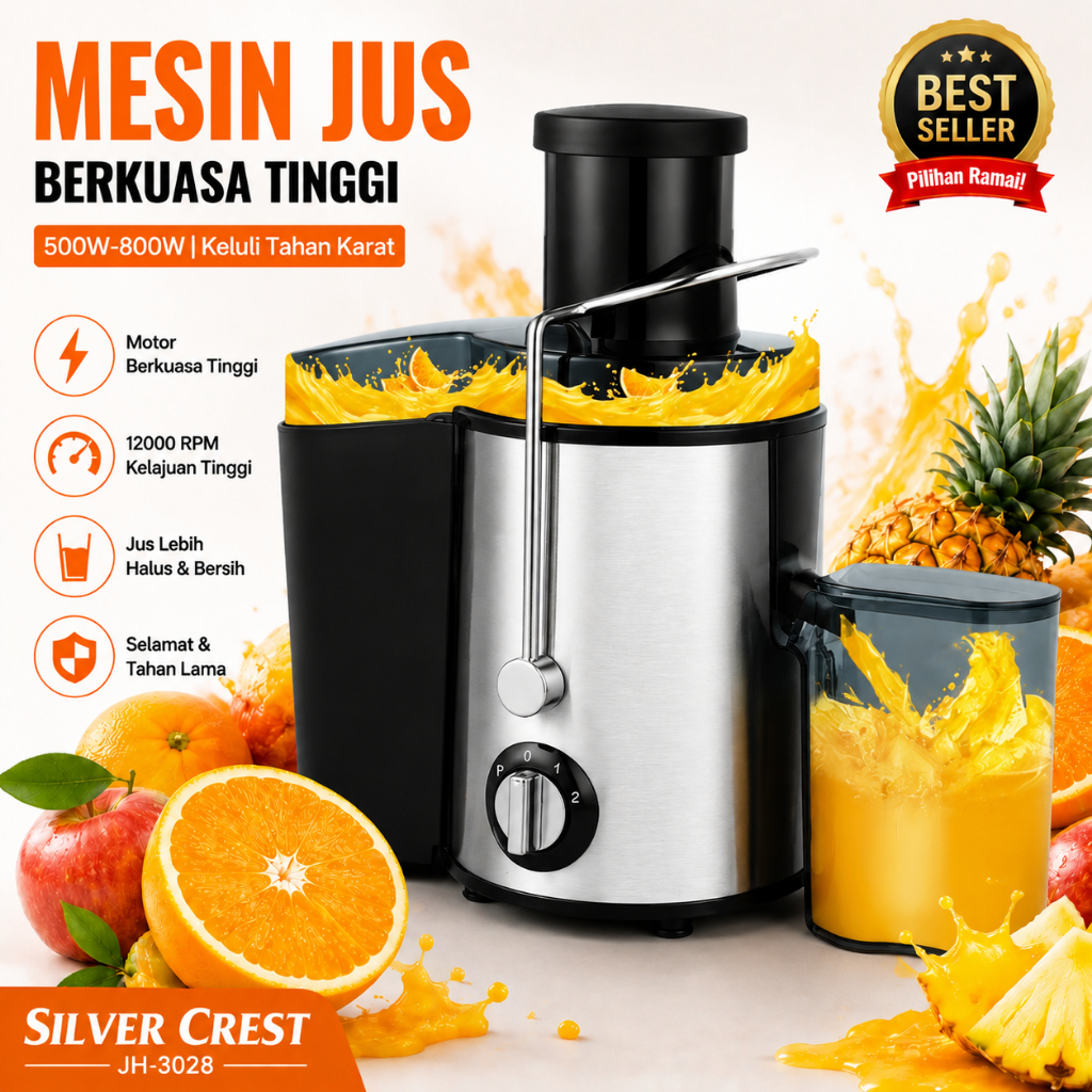 Mesin Jus Elektrik Keluli Tahan Karat Mulut Masukan Besar 12000RPM Pengisar Jus Buah Sayur Dua Tahap Kelajuan Mudah Cuci