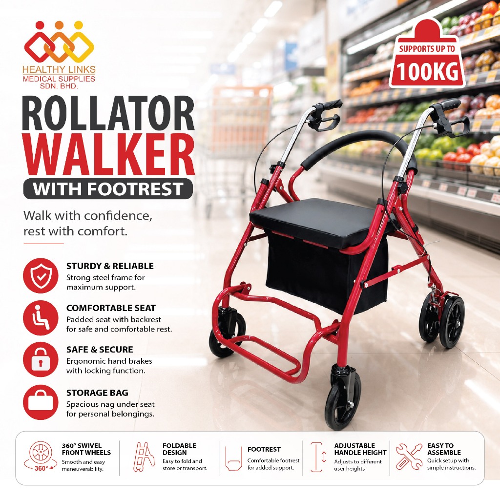 [Same-Day Delivery] Rollator Walker with Footrest and Seat Adult Lightweight Tongkat Roda Kaki Empat Wheelchair