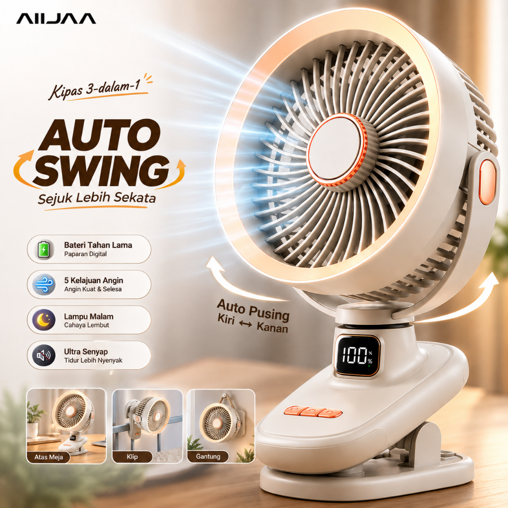 AIIJAA Kipas Klip Portable USB Rechargeable 180° Auto Oscillation Angin Kuat Senyap Kipas Meja & Gantung