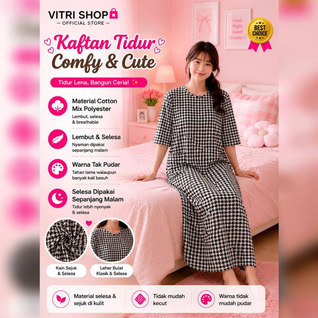 (VITRI SHOP) KAFTAN TIDUR LENGAN SUKU COTTON mix POLYSTER,BAJU TIDUR,KAFTAN TIDUR,DRESS TIDUR