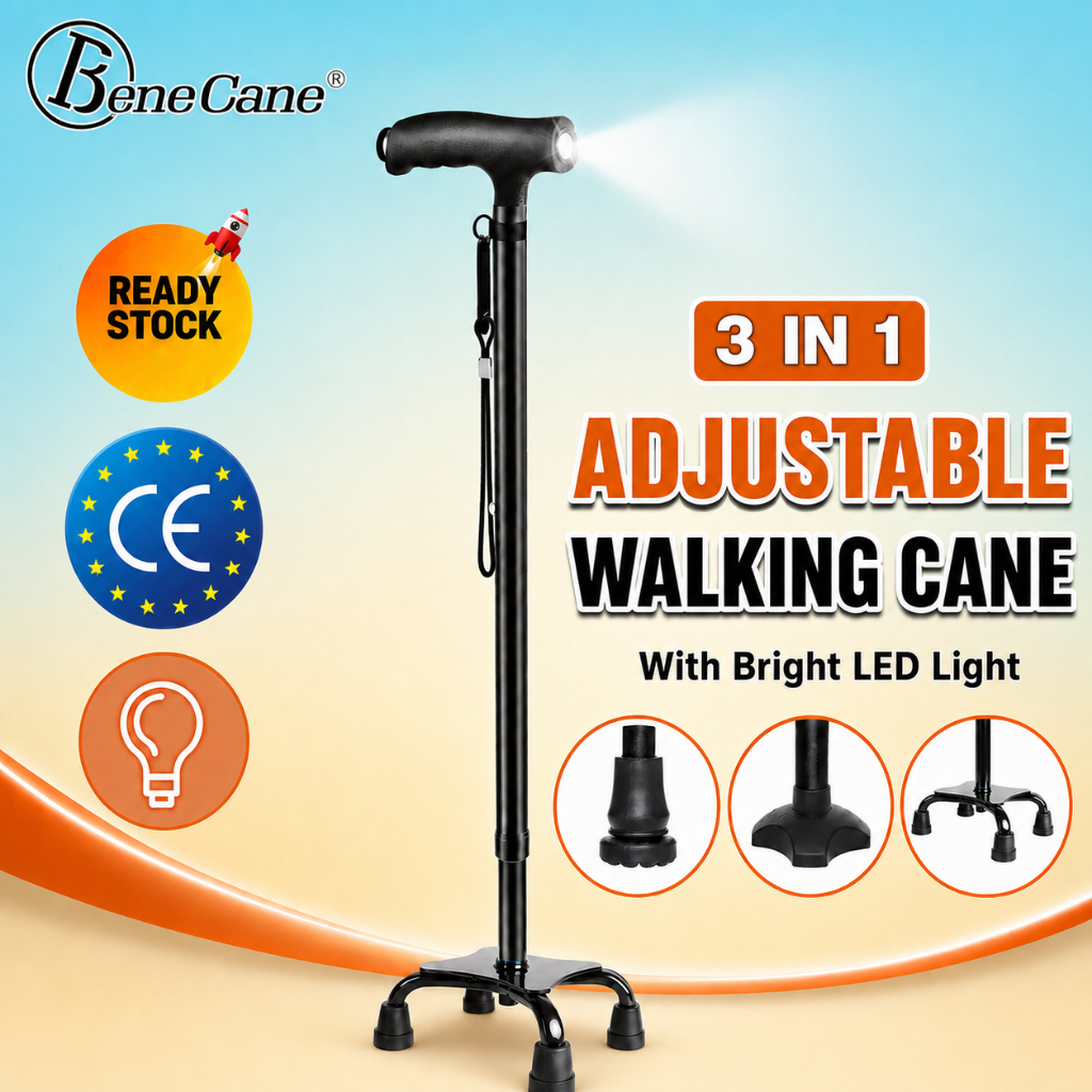 Adjustable Walking Quad Cane with LED Light, Tongkat Kaki Stable Stick for Adult Senors Elderly