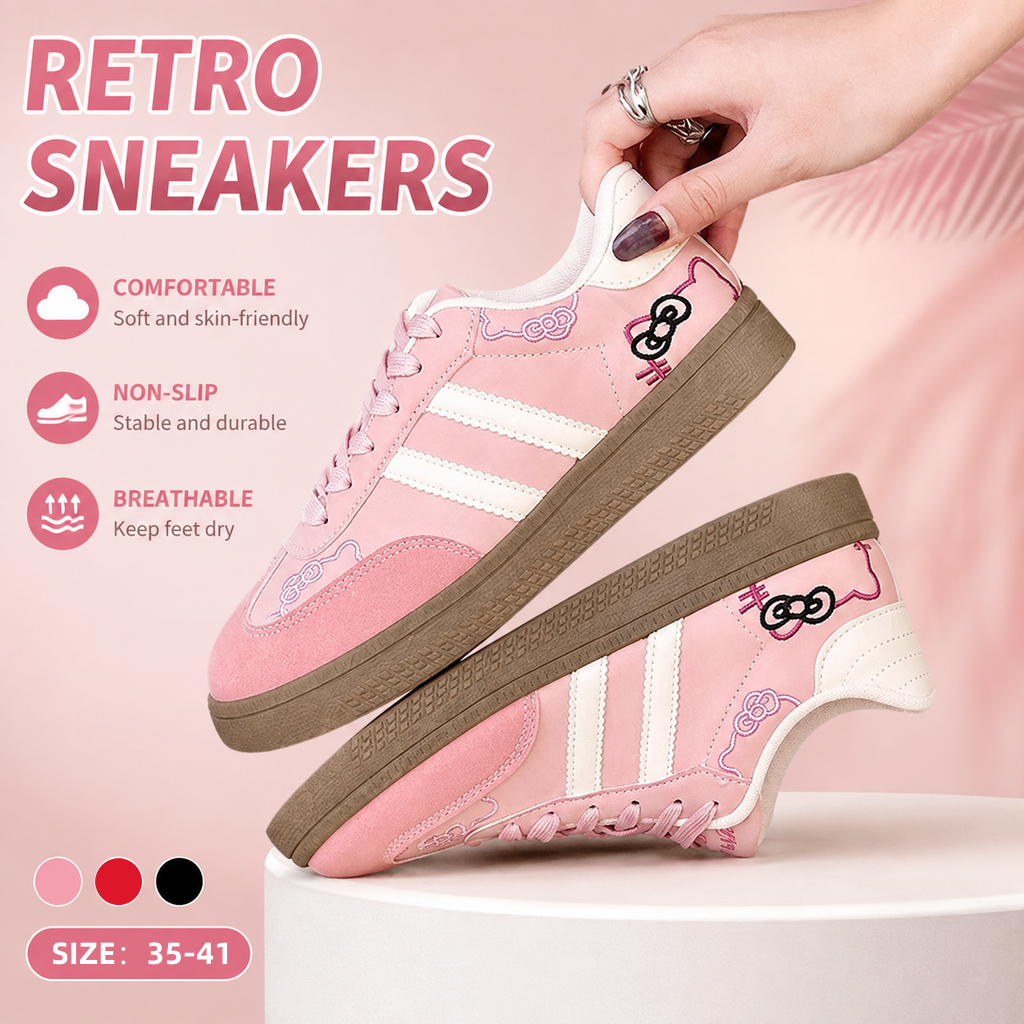 Women Retro Stripe Sneakers Cartoon Embroidery Casual White Black Shoes