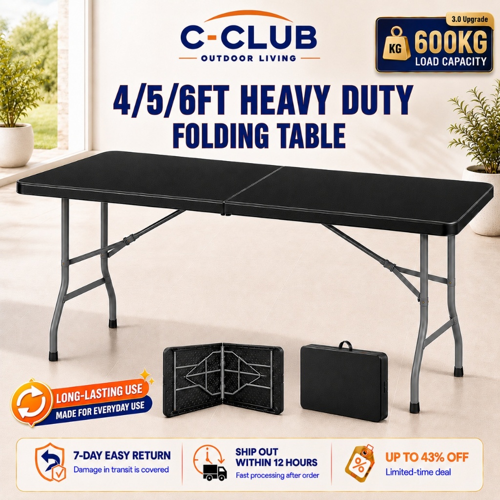 C - Meja Lipat Folding Table Banquet Table Outdoor Dining Table 6FT/4FT Portable Design 200KG Load Capacity 折叠桌
