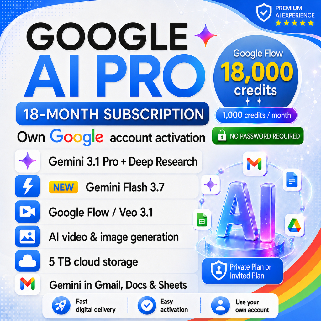18 Months Google AI Gemini Pro 3.1 | Own Email Upgrade | Google Flow AI 18000 credits AI Video and image generator
