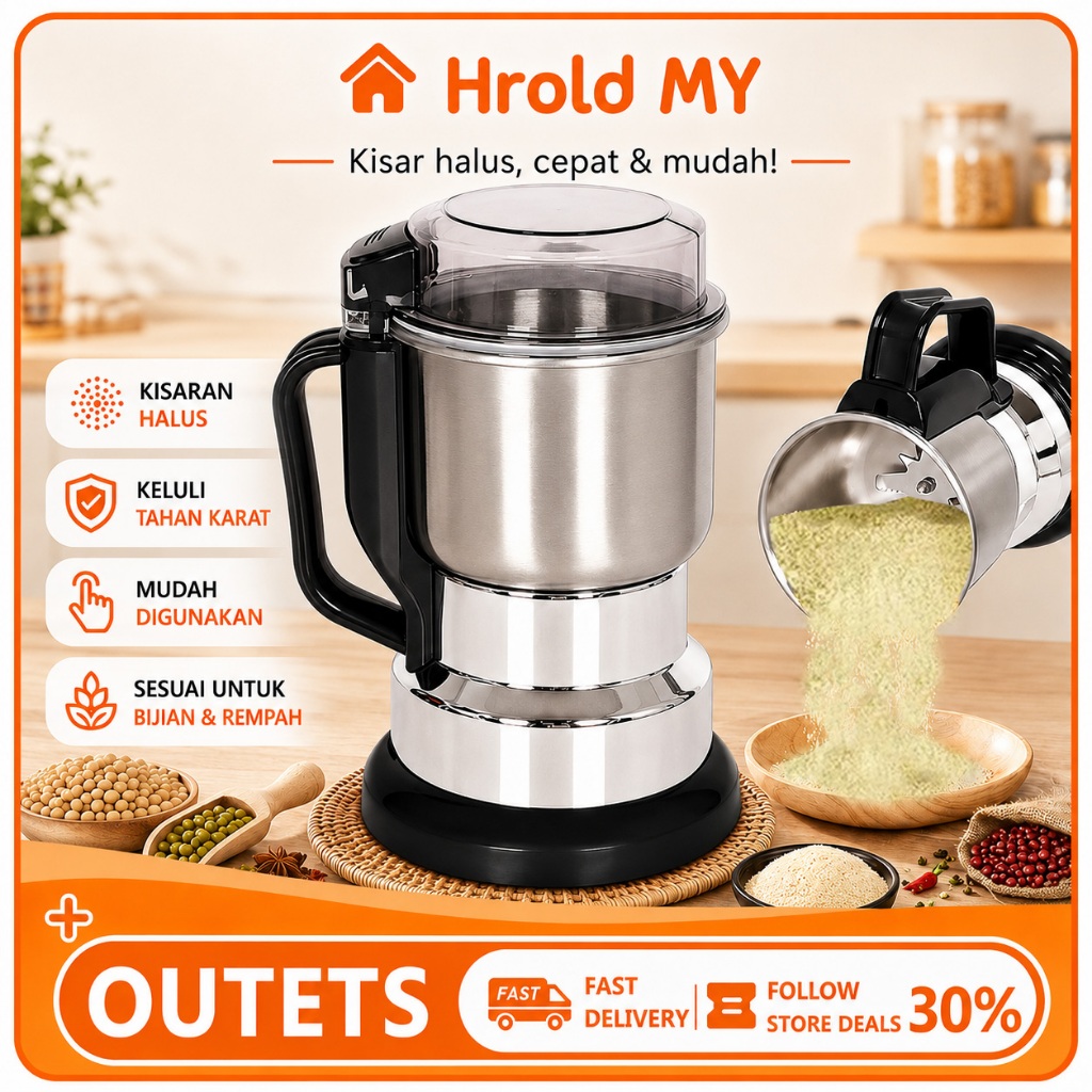 Ready Stock Portable Electric Grinder 400W Mesin Pengisar | 1500ML Stainless Steel Electric Food Grinder Powder Grinder