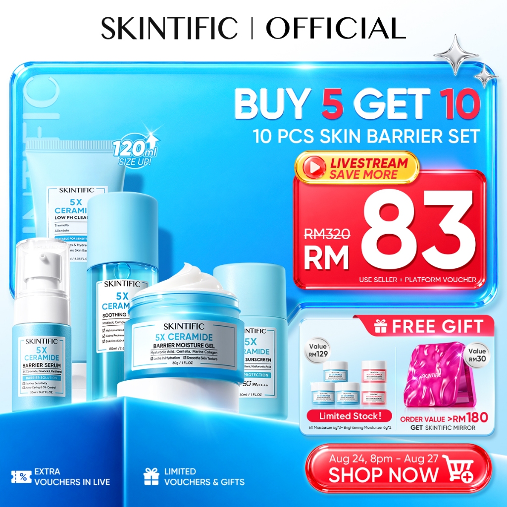[LIVE EXTRA 25%]SKINTIFIC Skincare 9pcs Set Repairing Barrier, PDRN Glowing | Moisturiser,Sunscreen,Serum,Cleanser,Toner