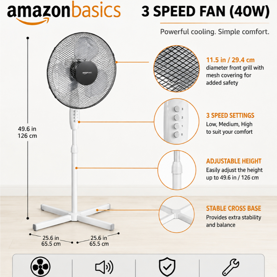 <FAST DELIVERY> Branded AMAZON BASIC FAN 40W MODERN TABLE FAN 16" Inches KIPAS MURAH MEJA HOME OFFICE RUMAH designer fan