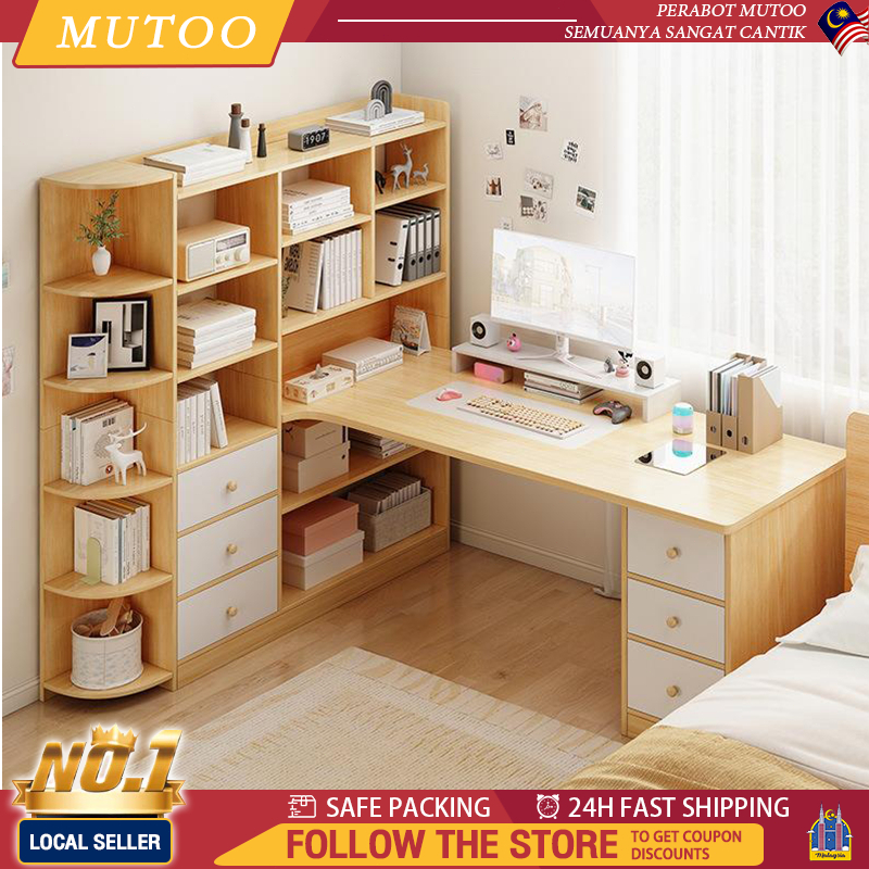 Mt Computer Table with Book Shelf Study Desk with Storage Rack Writing Desk Meja Belajar with Bookshelves 多功能书桌/学习桌
