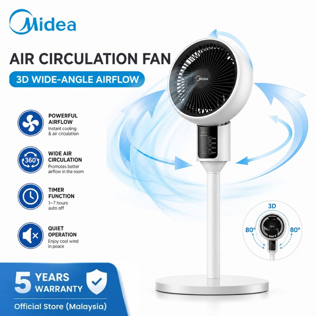 Midea Kipas Angin Air Circulation Fan 3D Wide Angle 2 in 1 Table and Standing Fan Kipas Meja Berdiri 【5 Years Warranty】