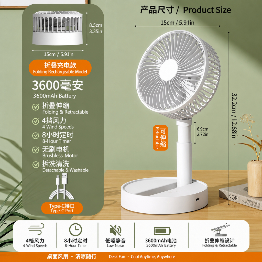 Portable Mini Fan foldable fan USB Rechargeable 4 Speeds Strong Wind Desk Fan 便携式风扇折叠风扇 USB 充电 Kipas Mini lipas kipas