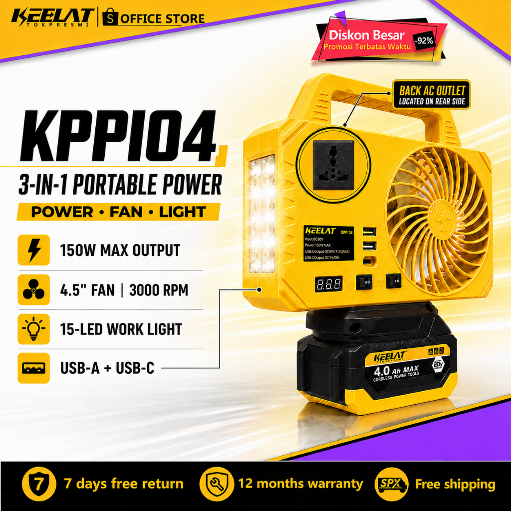 KEELAT Power Inverter 150W 20V DC to 220V AC Portable Converter with 4.5 Inch Fan LED Light USB Type-C