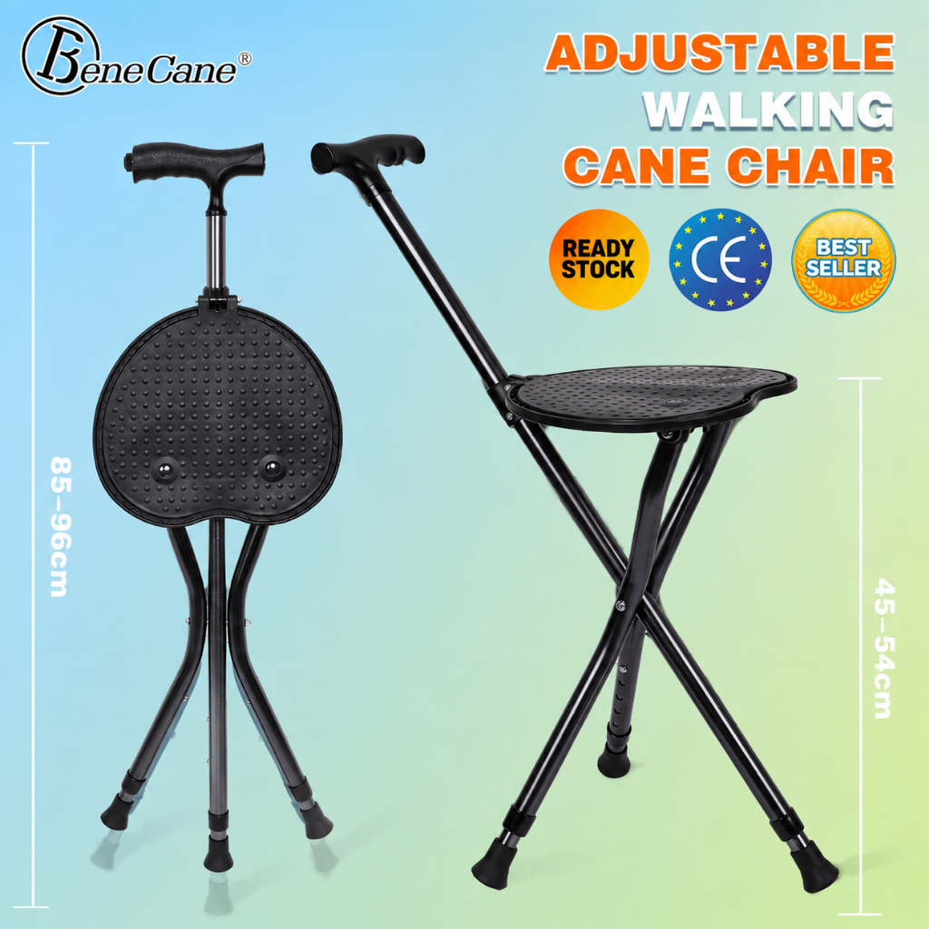 2-in-1 Walking Cane Chair with LED Light Stable Stick Seat Tongkat Kerusi Lampu For Elderly Seniors