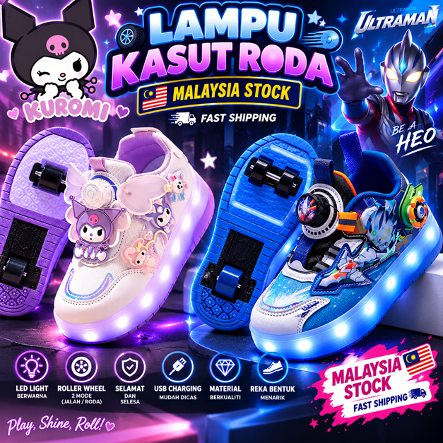 Kuromi Frozen Spider Roda Kasut Shoes Wheels Luminous Glowing Sneakers LED Light Roller Skate Shoes