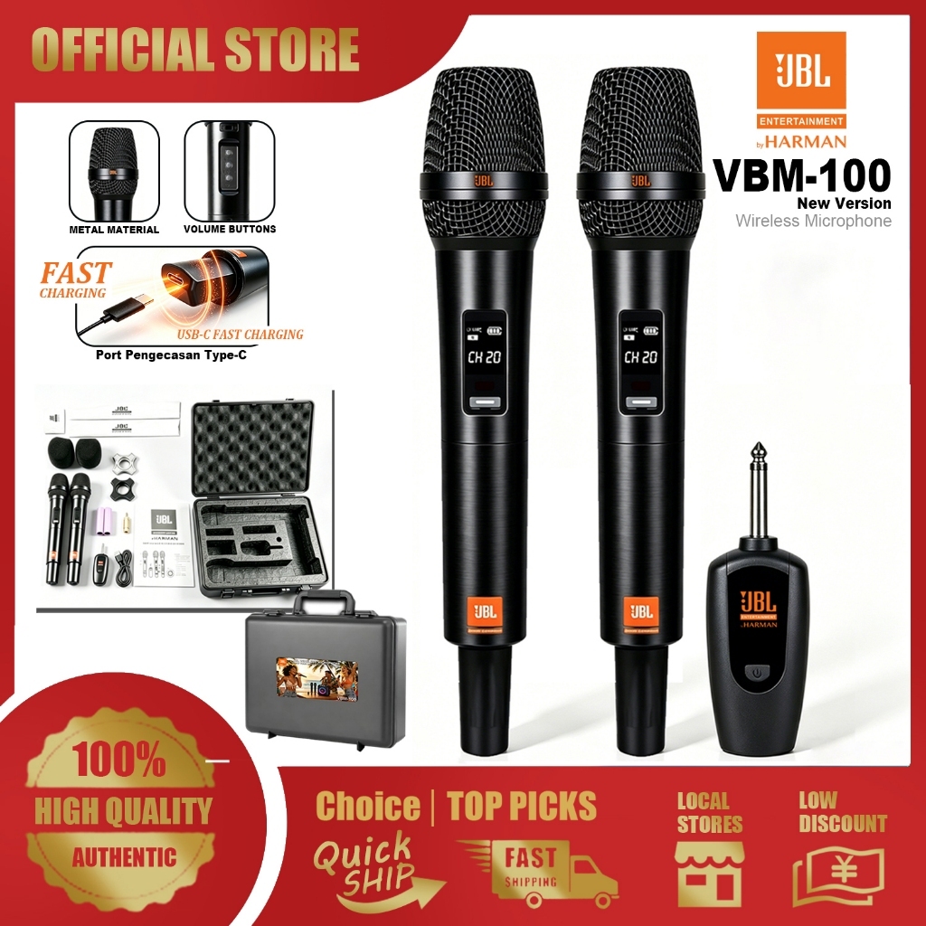 JBL VBM-100 Wireless Microphone, UHF Portable Handheld Plug and Play Karaoke Mic for Home KTV Party, 6.35mm Mic Jack