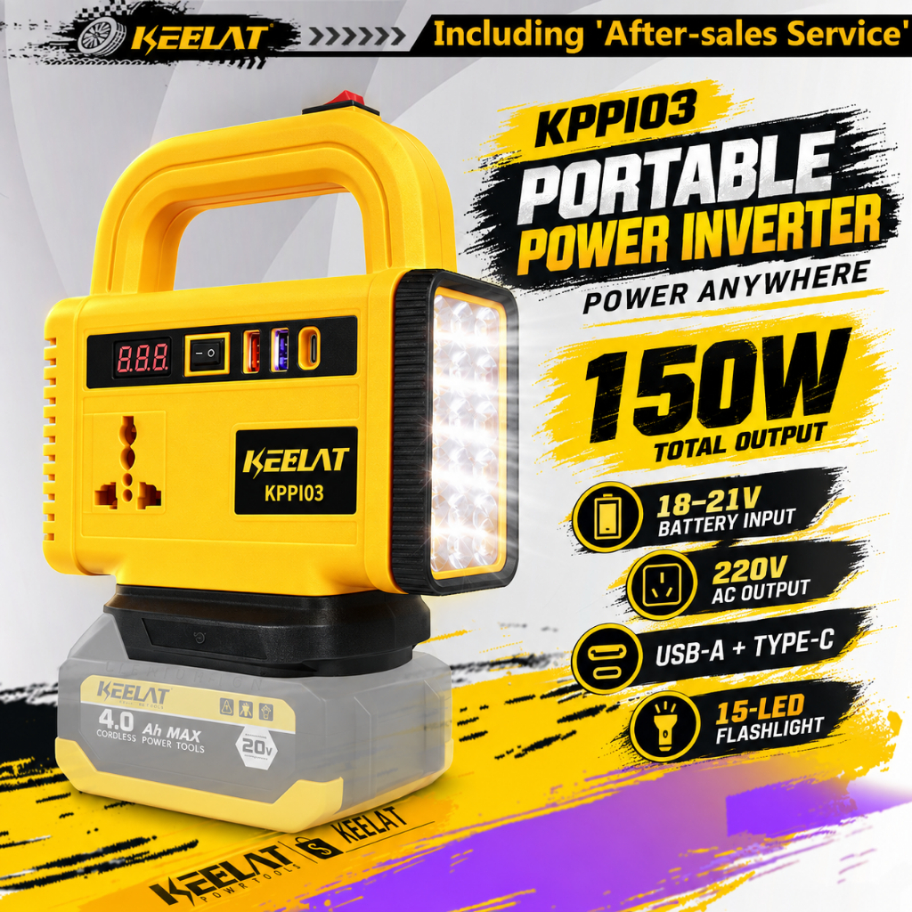 KEELAT 150W Portable Power Inverter 20V to 220V AC Modified Sine Wave USB-C LED Flashlight Camping