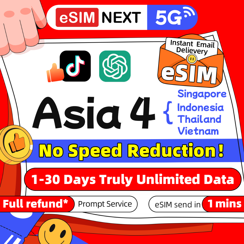 【Southeast Asia eSIM 5G】【🔥TT & ChatGPT】1-30 Days High Speed Unlimited Data【Valid in 4 Countries : SG/TH/ID/VN】