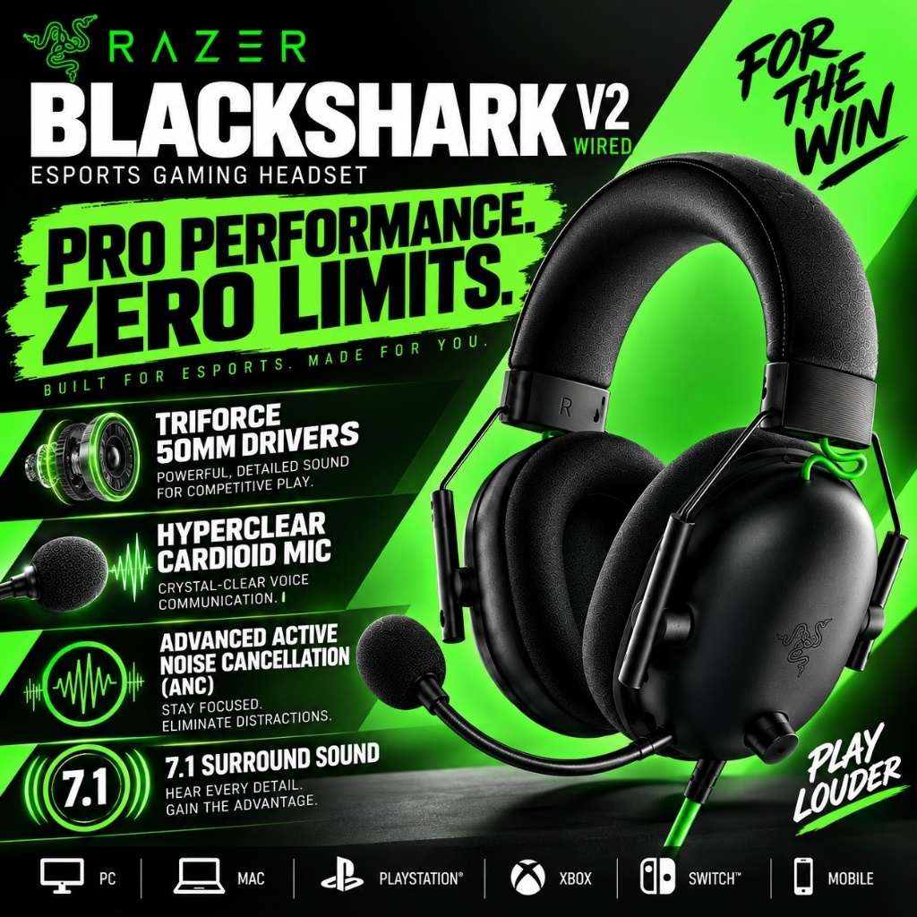Razer BlackShark V2 Wired Gaming Headset 50mm Driver HyperClear Mic ANC 7.1 Surround
