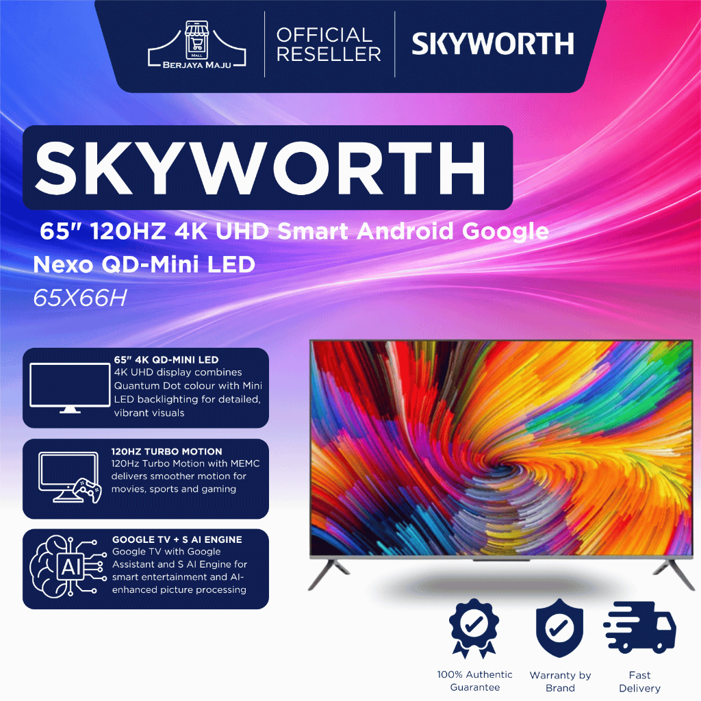 Skyworth 65" 120HZ 4K UHD Smart Android Google Nexo QD-Mini LED TV 65X66H | 4K UHD Smart TV Android Google TV televisyen