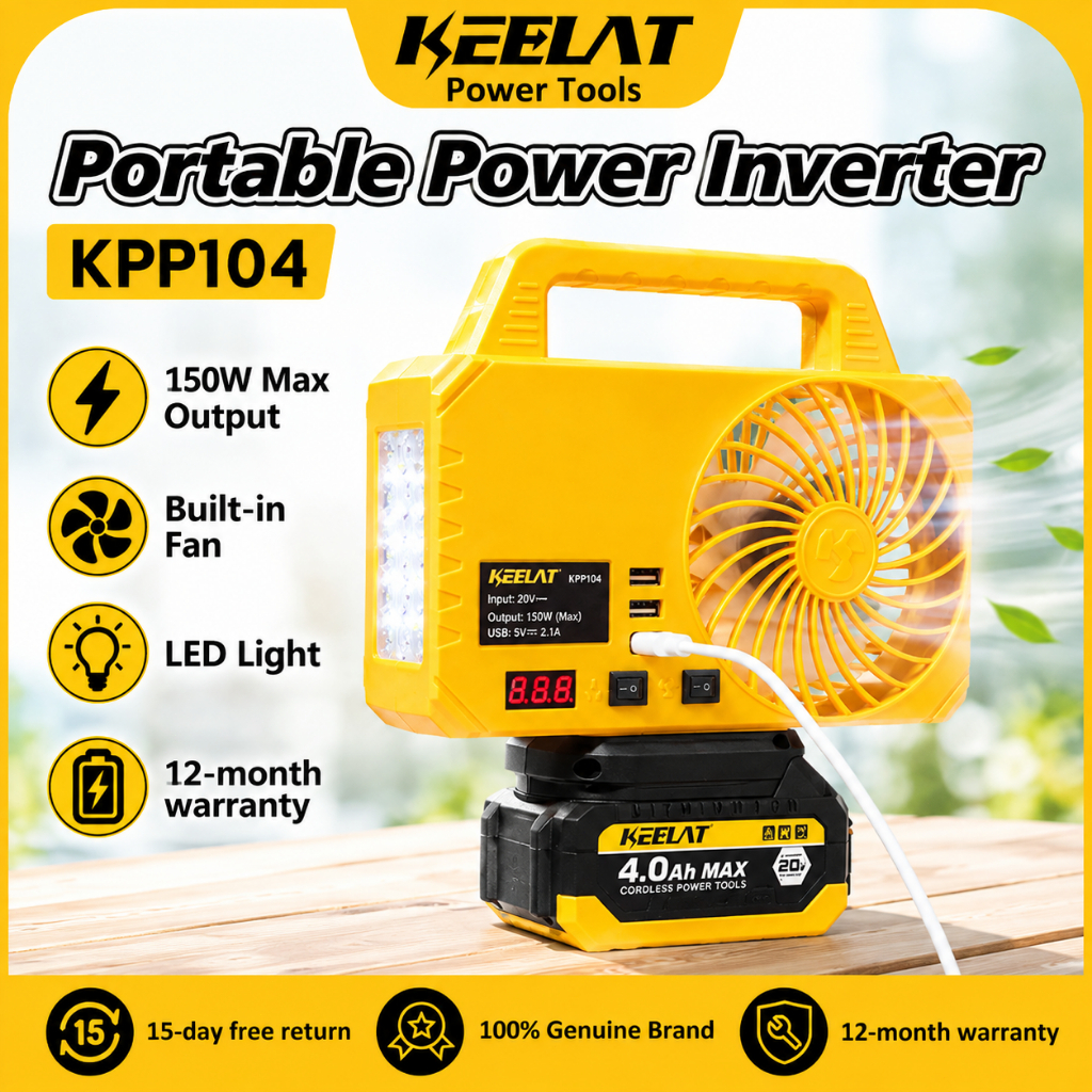 KEELAT KPPI04 150W Portable Power Inverter Cordless 20V DC to 220V AC Kipas 4.5 Inch Fan LED Light USB Type-C Camping