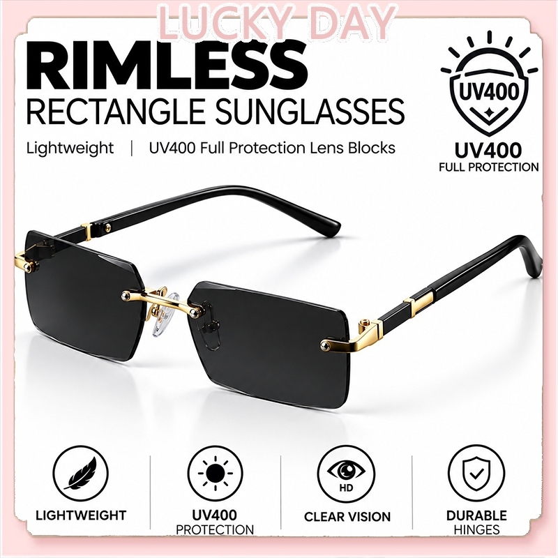 【Ready Stock】Unisex Rimless Rectangle Sunglasses UV400 Lightweight Color Lens Fashion Shades Cermin Mata Hitam